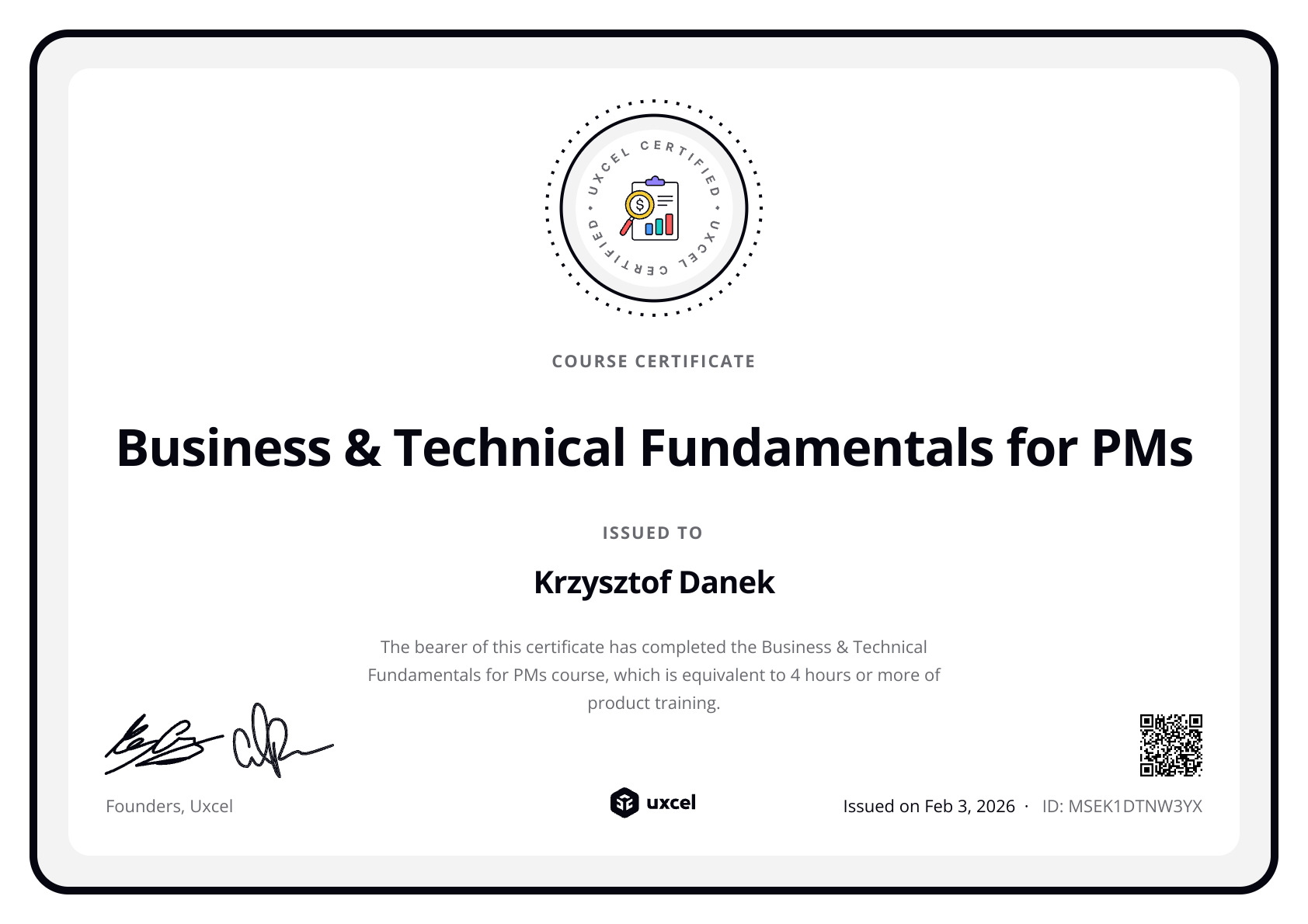 Krzysztof Danek's certificate